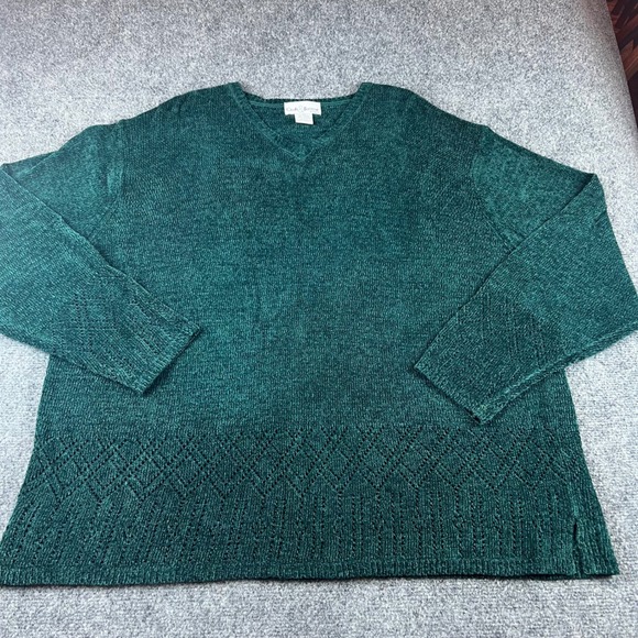croft & barrow Sweaters - Croft & Barrow Woman Green V-Neck Sweater 3X Marled Knit Diamond Crochet Hem